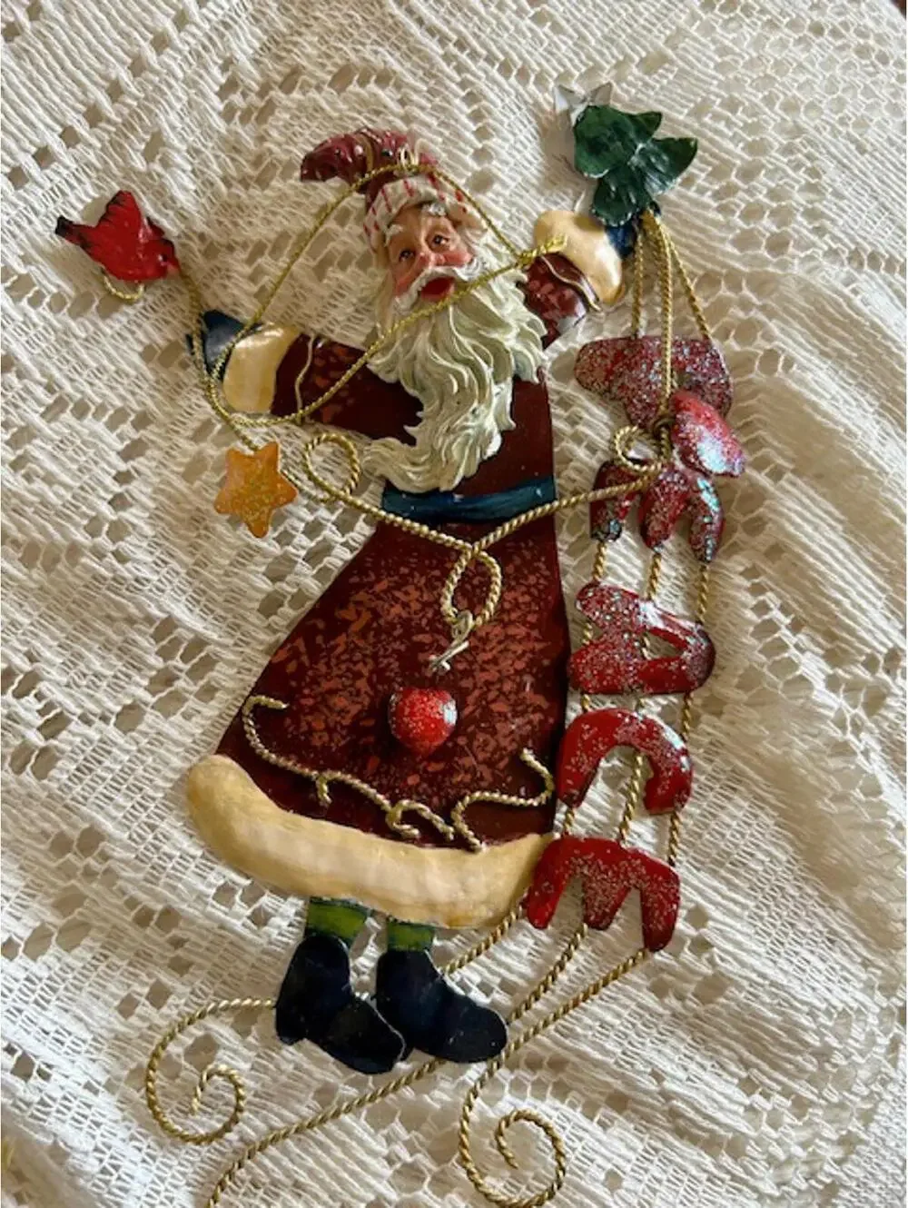 Vintage Metal Christmas Ornaments Set with Santa and Noel Sign